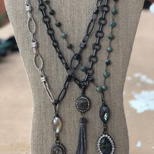 Substantial gunmetal silver chain stone and chandelier crystal pendant tassel statement necklace modern