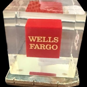 Rare Y2K Wells Fargo 35 Years Service Award Lucite Acrylic Cube Paperweight Vintage Bank Memorabilia Financial History Employee Milestone