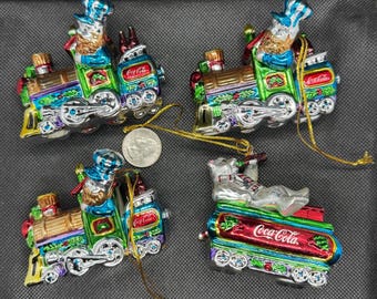 Vintage glazen Coca Cola-treinornamenten uit de jaren 90, lot van 4 met ijsbeer