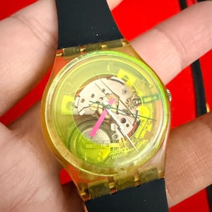 1985 Vintage Swatch Watch GK101 TECHNO SPHERE - Lime Green, Pink