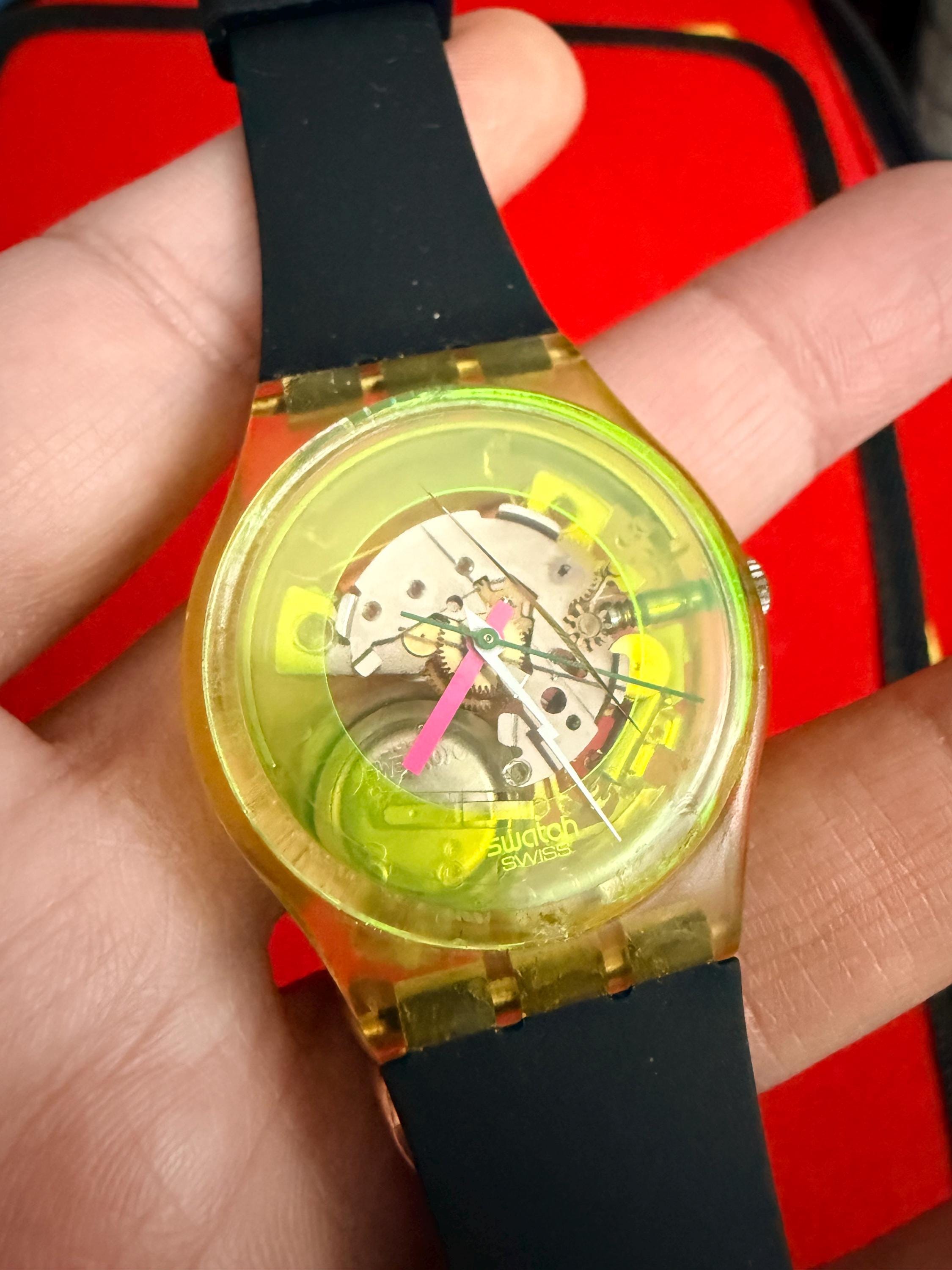 1985 Vintage Swatch Watch GK101 TECHNO SPHERE - Lime Green, Pink