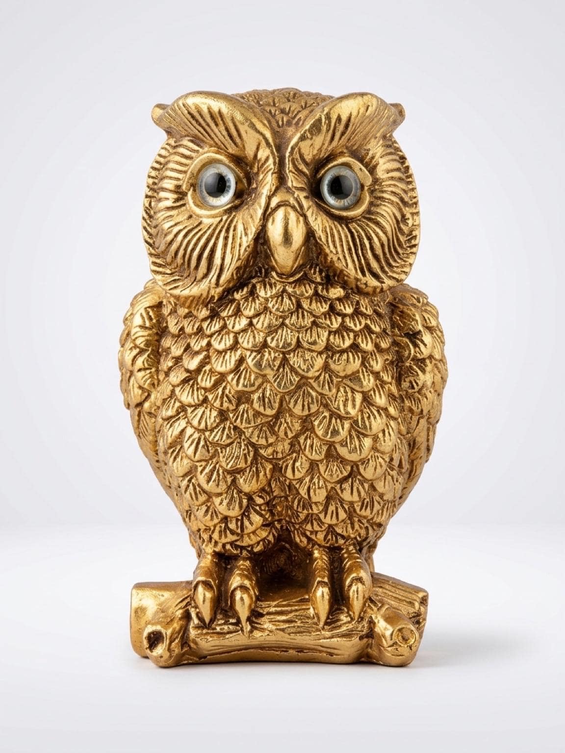 Vintage Mid-Century Gold Ceramic Owl Figurine on Branch – MCM Retro Gilt Porcelain Owl Statue,