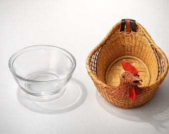 Vintage 1970s wicker rattan chicken basket with Anchor Hocking glass insert bowl - adorable table accent