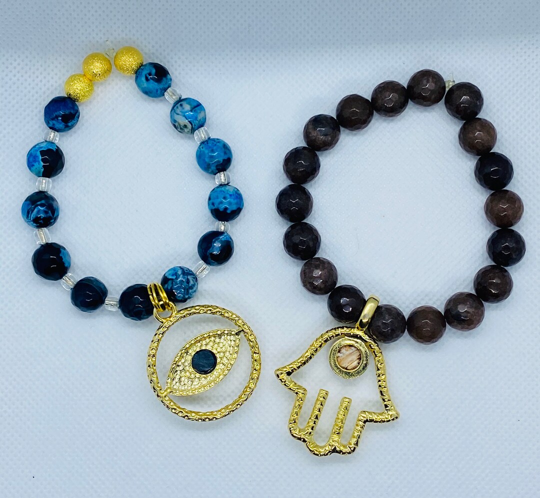 Evil Eye Bracelet Hamsa Hand of Fatima Druzy Charm Natural Etsy