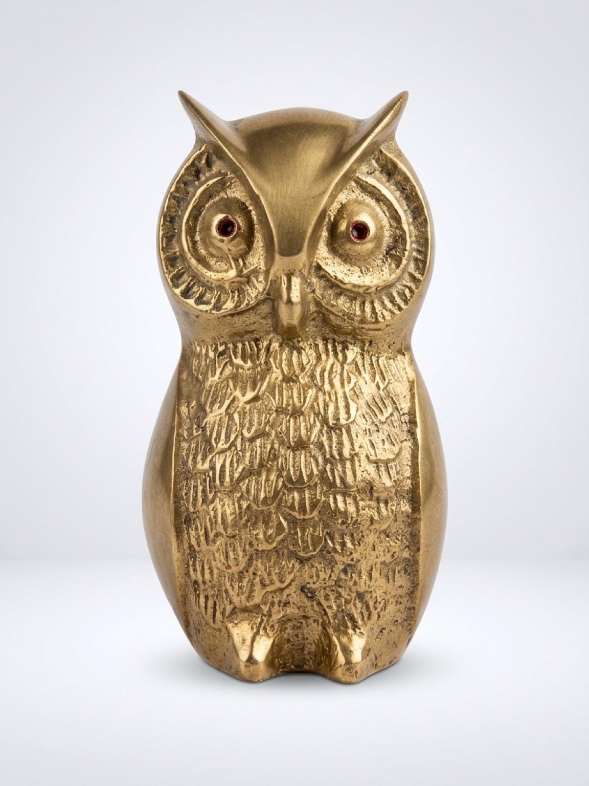 Mid century Modern Absolutely beautiful 1960s Brass Owl Red Enamel Eyes figurine - excellent conditi