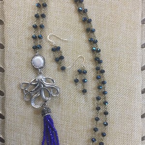 Kraken GOT Octopus necklace silver kraken GOT micro pave tassel (free gift earrings) blue silver