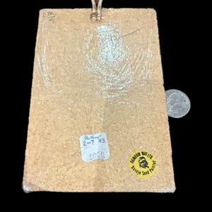 Op de afbeelding: Een rechthoekige, lichtbruine, vintage Navajo Sand Painted-plaquette met een kleine lus aan de bovenkant. De plaquette heeft een sticker met de tekst "Rainbow Way Ltd. Navajo Sand Painted" en een prijskaartje.