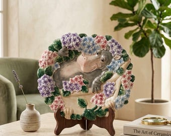 Fitz and Floyd Ceramic Hippo Canapé Plate Vintage 3D Majolica Hippopotamus Platter with Hydrangea Flowers, Whimsical Animal Clawfoot Bathtub