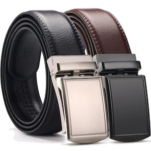 Men's Genuine Leather Ratchet Belt with Metal Automatic Buckle for Jeans and Pants