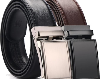 Men's Genuine Leather Ratchet Belt with Metal Automatic Buckle for Jeans and Pants