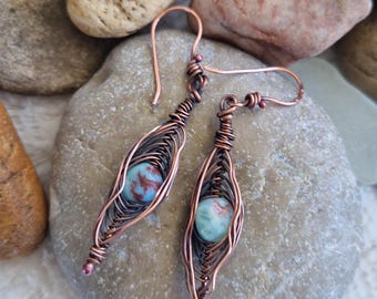 Earrings Copper & Larimar Stones Unique Handmade