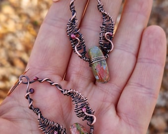 銅製ユナカイトイヤリング　ユニークなハンドメイド