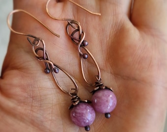 Earrings Copper & Agate Stones Unique Handmade