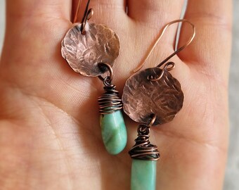 Earrings Copper & Amazonate Stones Unique Handmade