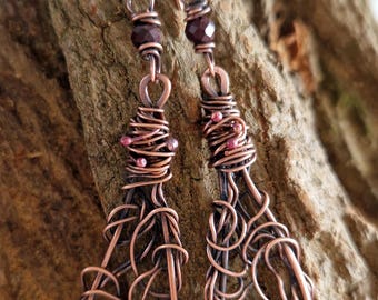銅とカルセドンのイヤリング ユニークなハンドメイド