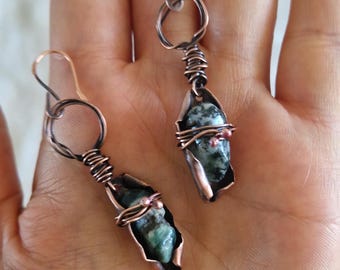 Kolczyki z miedzi i kamieni amazonitowych, unikatowe, ręcznie robione