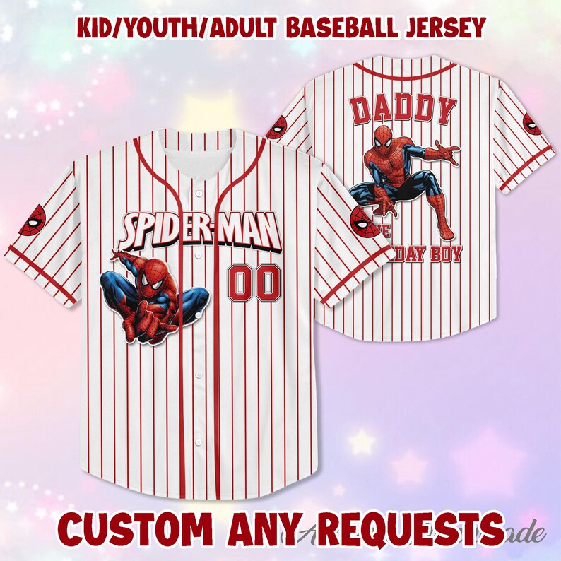 May include: White baseball jersey with red pinstripes and accents. Features a Spider-Man graphic and the text "SPIDER-MAN" and "00" on the front. The back displays "DADDY" and "DAY BOY" with a Spider-Man graphic. The jersey is for kids, youth, or adults.