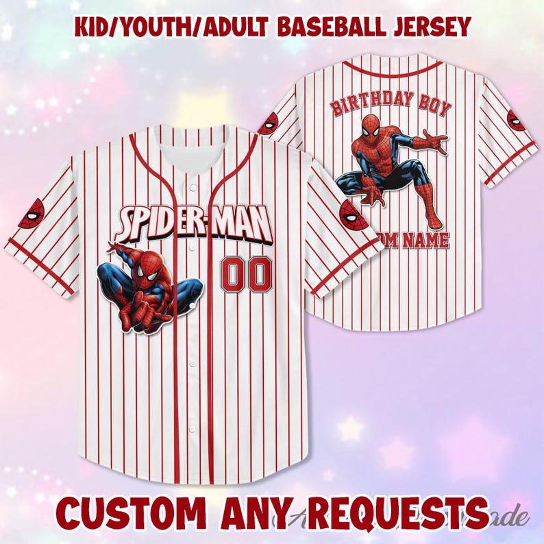 May include: White baseball jersey with red pinstripes, featuring a Spider-Man graphic. The front displays "SPIDER-MAN" and the number "00". The back has a Spider-Man image and "BIRTHDAY BOY" text. The jersey is for kids, youth, or adults.