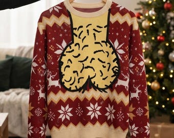 May include: A long-sleeve knit sweater in deep red with a beige crew neckline and hem. The sweater features a repeating pattern of white snowflakes and reindeer, with a large, central yellow graphic of a brain on the front chest area.