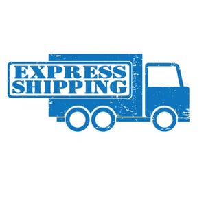 Op de afbeelding: Een blauwe grafische illustratie van een bestelwagen met een verweerde, versleten textuur. Op de zijkant van de wagen staat een rechthoekige banner met de dikgedrukte, witte tekst in hoofdletters: EXPRESS SHIPPING.