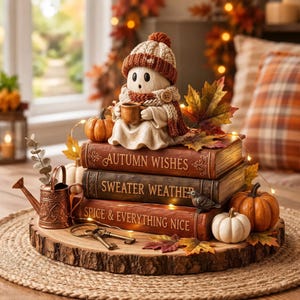 Bloc de bois 2D Citrouille Fantôme de Lecture, Décoration d'étagère d'automne, Coin lecture chaleureux, Cadeau d'Halloween, Décoration de pile de livres fantômes