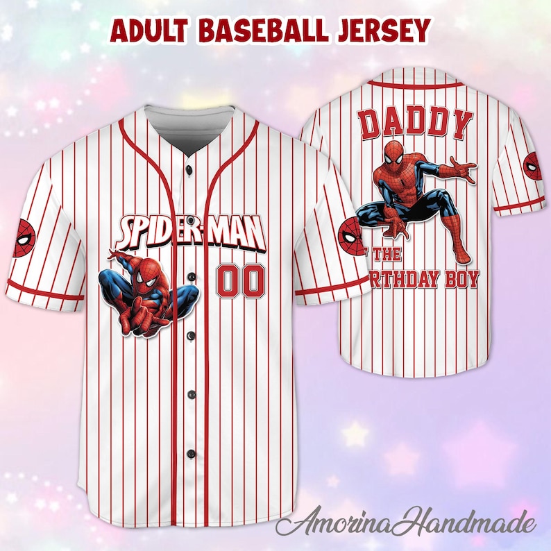 May include: White and red striped baseball jersey featuring Spider-Man graphics. The front displays "SPIDER MAN" and the number "00". The back says "DADDY THE BIRTHDAY BOY". Includes Spider-Man logo on the sleeves.