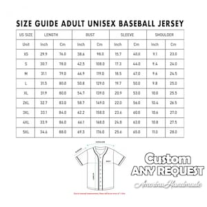 May include: Size guide for adult unisex baseball jerseys. The chart includes measurements in inches and centimeters for length, bust, sleeve, and shoulder. Sizes range from XS to 5XL. The image also includes a baseball jersey illustration and text that says "Custom ANY REQUEST".
