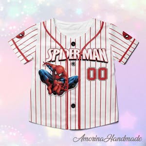 May include: White and red pinstripe baseball jersey featuring the Spider-Man logo and a graphic of Spider-Man. The jersey has black buttons and the number "00" on the front. Spider-Man logo is also on the sleeves.