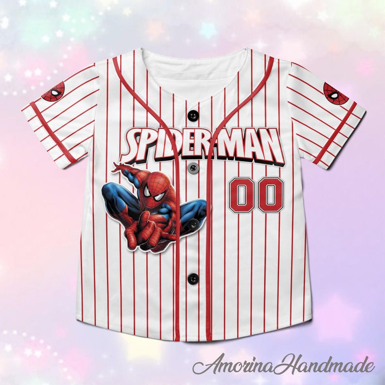May include: White and red pinstripe baseball jersey featuring the Spider-Man logo and a graphic of Spider-Man. The jersey has black buttons and the number "00" on the front. Spider-Man logo is also on the sleeves.