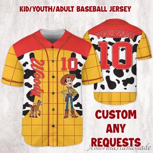May include: A yellow, red, and white baseball jersey with the name "Woody" and the number "10" on the front. The jersey features a cartoon image of Woody and a horse. The back of the jersey has the text "YOUR NAME" and the number "10".
