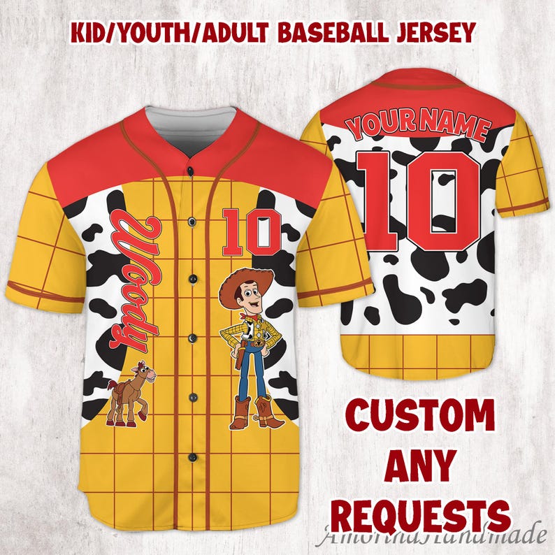 May include: A yellow, red, and white baseball jersey with the name "Woody" and the number "10" on the front. The jersey features a cartoon image of Woody and a horse. The back of the jersey has the text "YOUR NAME" and the number "10".