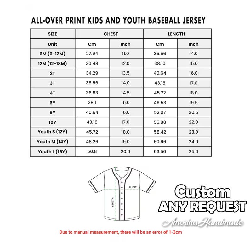 May include: A size chart for all-over print kids and youth baseball jerseys. The chart includes chest and length measurements in inches and centimeters for sizes ranging from 6 months to Youth Large (16Y). The image also includes a baseball jersey illustration.