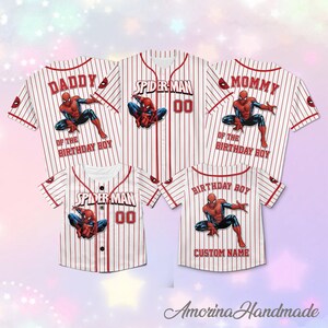 May include: White and red pinstripe baseball jerseys featuring Spider-Man graphics. Jerseys include "Daddy", "Mommy", and "Birthday Boy" with custom name options. The jerseys have the number "00" on them.
