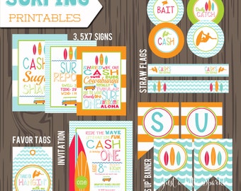 Surfing birthday party set, Surfing party printables, Surf Party invite, Surf Birthday Party, Surfing banner, Surfing signs