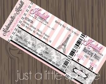 Paris Boarding Pass Invitation, DIY, Boarding Pass invite, Paris Birthday Party, Pairs Favor tags