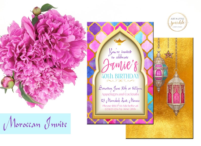 Printable Moroccan-Themed Party Invitations in Pink and Gold