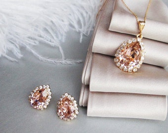 Vintage Rose crystal jewelry set, Blush Bridal earrings necklace set, Bridesmaids jewelry in gold, silver, rose gold