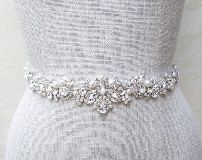 Bridal belt, Pearl and crystal bridal belt, Rhinestone wedding sash, Pearl and Premium European Crystal Vintage Style Belt