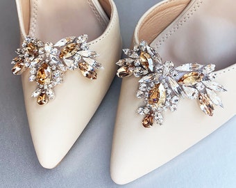 Champagne Shoe clips, Bridal shoe clips, Premium European Crystal shoe clips, Shoe embellishments jewelry, Rhinestone party shoe clip on