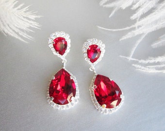 Ruby red Premium European Crystal earrings, Gift for her, Teardrop dangling earrings, Rhinestone drop earrings dark red, Siam red drops