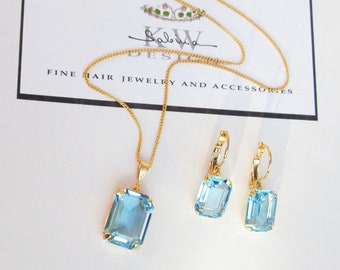 Aquamarine crystal jewelry set, Light blue jewelry earrings necklace set, Bridal Bridesmaids jewelry, Something blue, octagon set