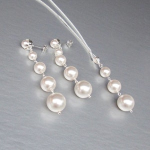 Graduated Pearl drop crystal earrings and pendant jewelry set, Earrings and necklace, Bridal large pearl long earrings
