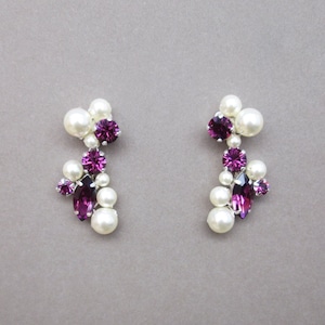 Amethyst crystal pearl earrings, Premium European Crystal bridal earrings, Bridal party purple earrings in gold or silver