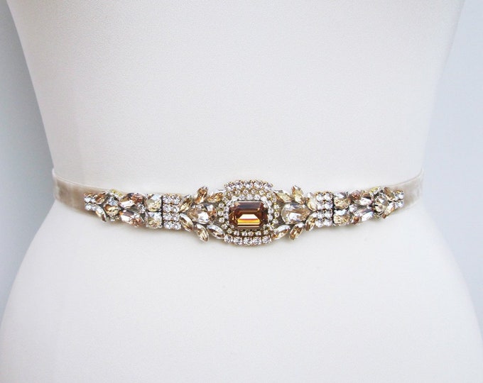 Bridal belt, Bridal belt, Topaz velvet Crystal bridal belt, Champagne velvet belt, Rhinestone Wedding belt, Belt in champagne honey beige,