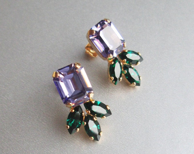 Tanzanite crystal studs, Emerald earrings, Dainty purple stud earrings in gold, silver, rose, Wedding party, bridesmaids