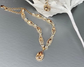 Telón de fondo champán collar de cristal nupcial, collar de novia Lariat, collar de cristal, collar de fiesta de diamantes de imitación brillantes