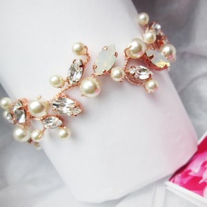 Rose gold Premium European Crystal opal and pearl bridal bracelet, Delicate opal bracelet, Wedding jewelry gold, silver, rose gold
