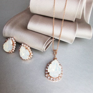 WHITE OPAL Earrings Wedding Crystal Jewelry Bridal Dainty Earrings Necklace Set Bridesmaid Gift White Milk Teardrop Earrings