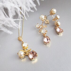 Bridal Premium European Crystal jewelry set, Vintage style crystal and pearl earrings, Floral drop earrings Opal and pale pink