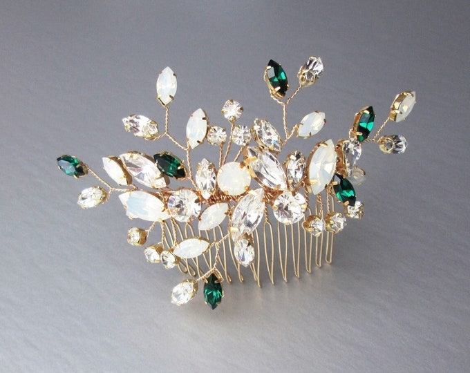 Emeralds and Opals Premium European Crystal hair comb, Bridal hair clip, Wedding comb, Rhinestone comb, Wedding hair vine green and opal